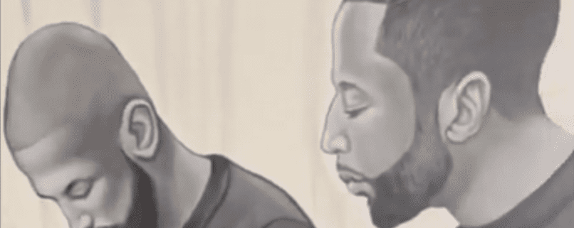 Two men looking down, grayscale illustration.